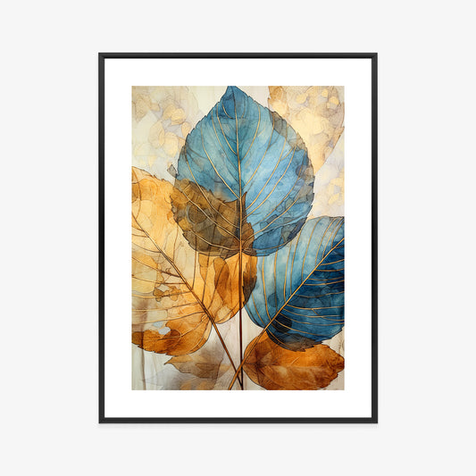 Poster Goldene Und Blaue Aquarellblätter Rahmen Holz Mit Passepartout Farbe Natürlich