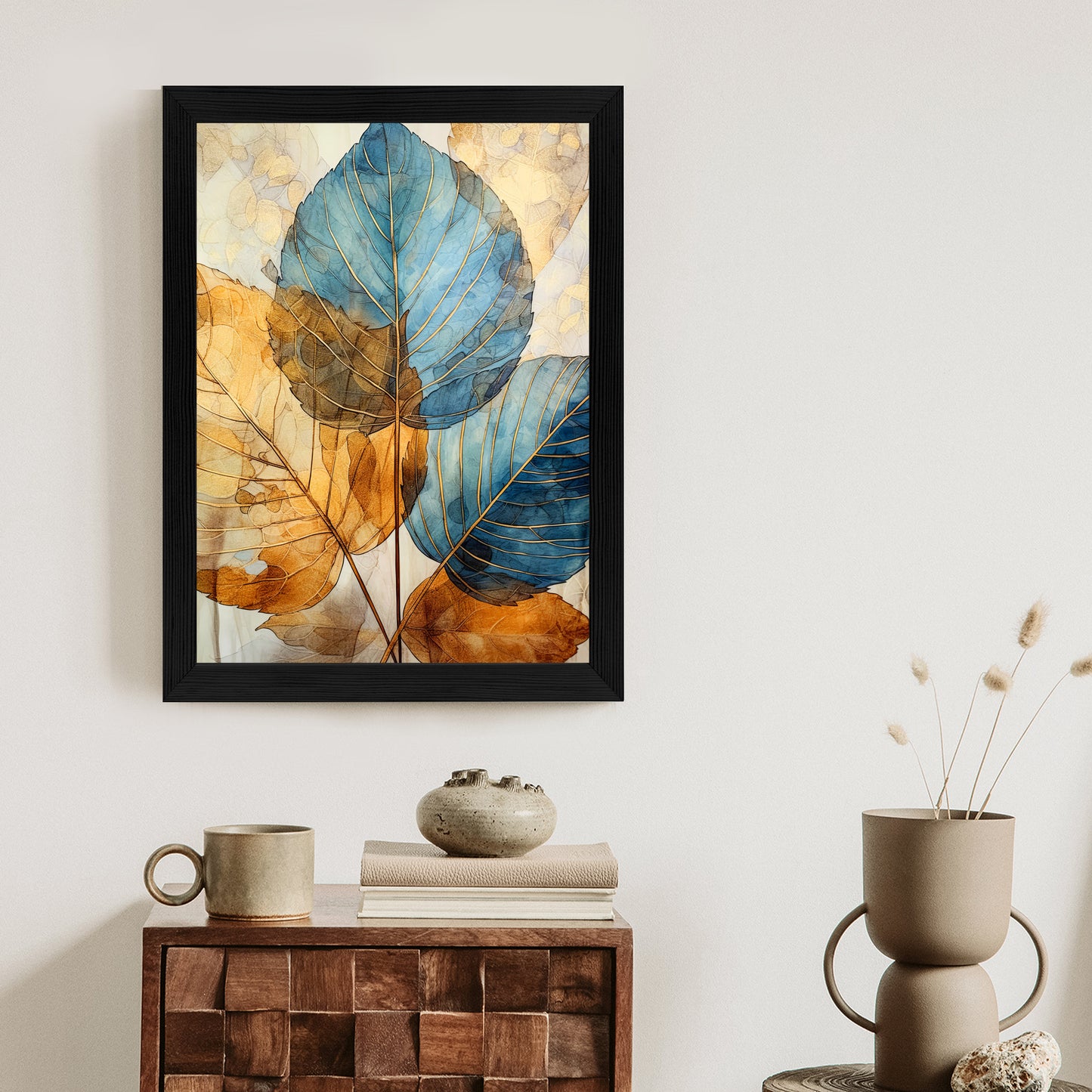 Poster Goldene Und Blaue Aquarellblätter Rahmen Holz Mit Passepartout Farbe Natürlich