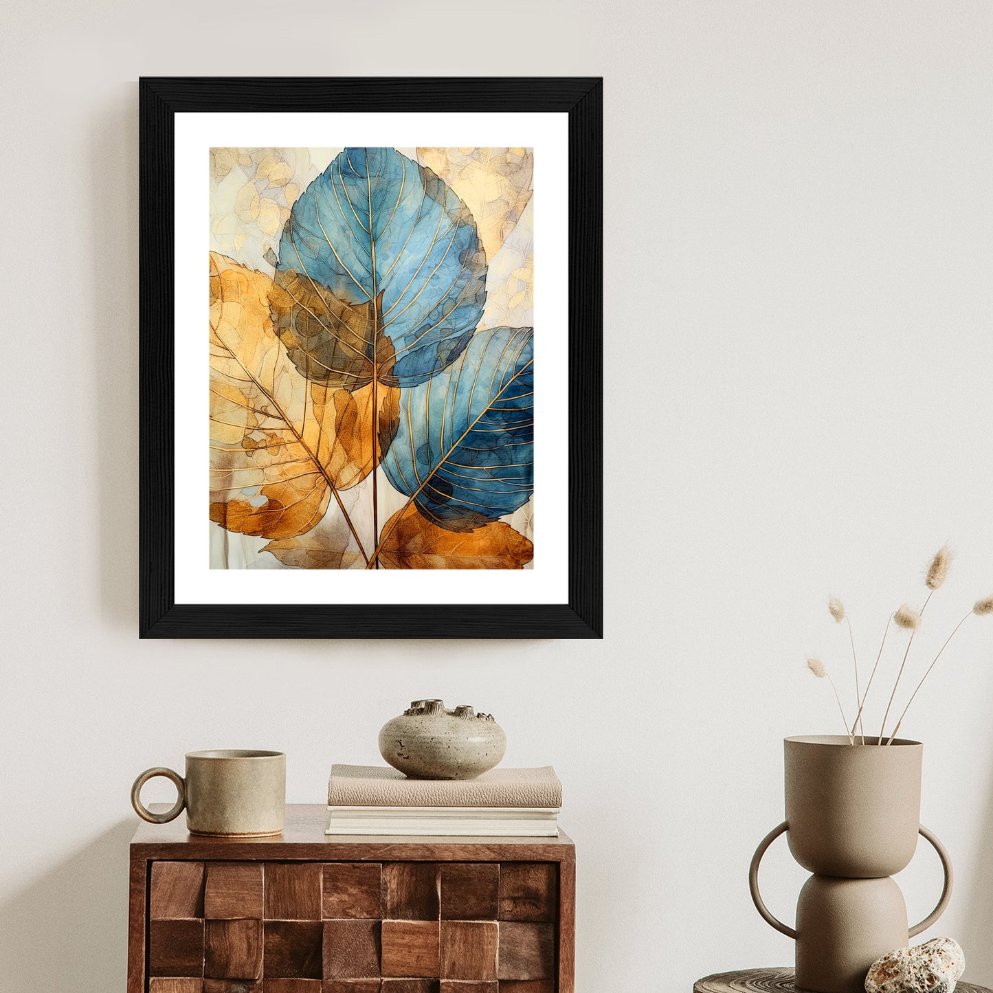 Poster Goldene Und Blaue Aquarellblätter Rahmen Holz Mit Passepartout Farbe Natürlich