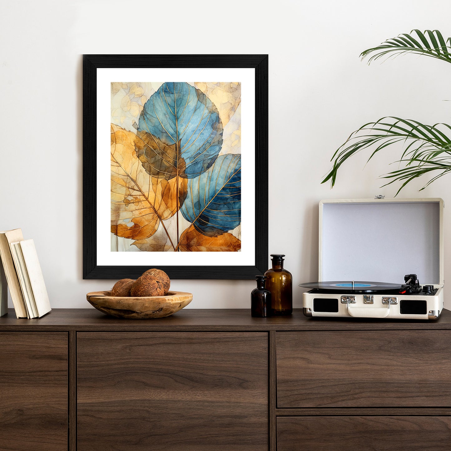 Poster Goldene Und Blaue Aquarellblätter Rahmen Holz Mit Passepartout Farbe Natürlich