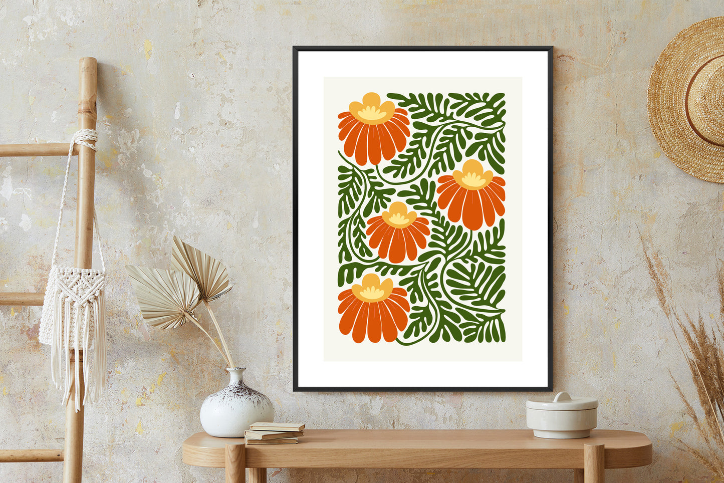 Poster Rote Blumen Im Stil Von Matisse Rahmen Holz Mit Passepartout Farbe Natürlich