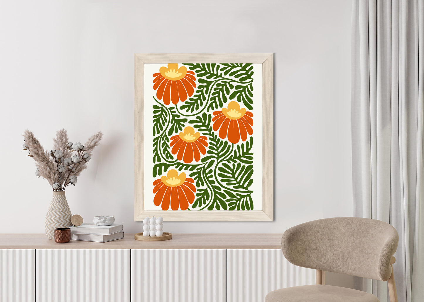 Poster Rote Blumen Im Stil Von Matisse Rahmen Holz Mit Passepartout Farbe Natürlich