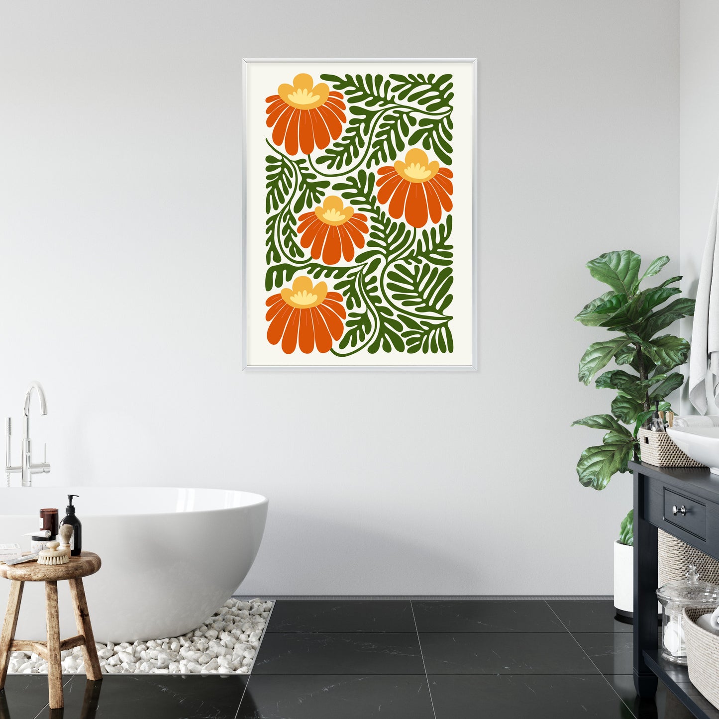 Poster Rote Blumen Im Stil Von Matisse Rahmen Holz Mit Passepartout Farbe Natürlich
