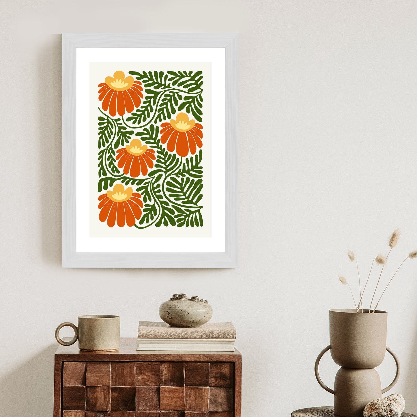 Poster Rote Blumen Im Stil Von Matisse Rahmen Holz Mit Passepartout Farbe Natürlich