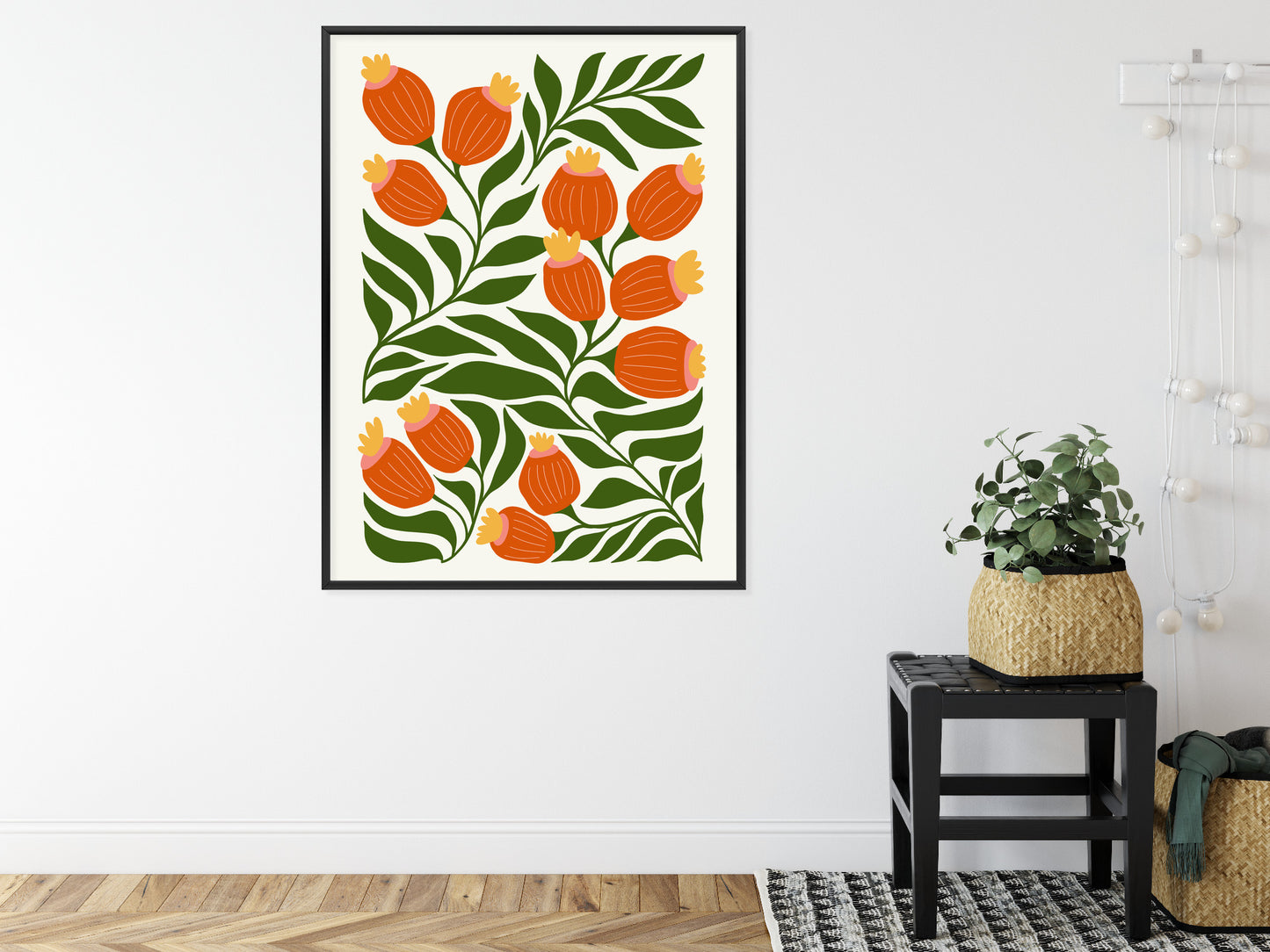 Poster Minimalistische Rote Blumen Und Grüne Blätter
