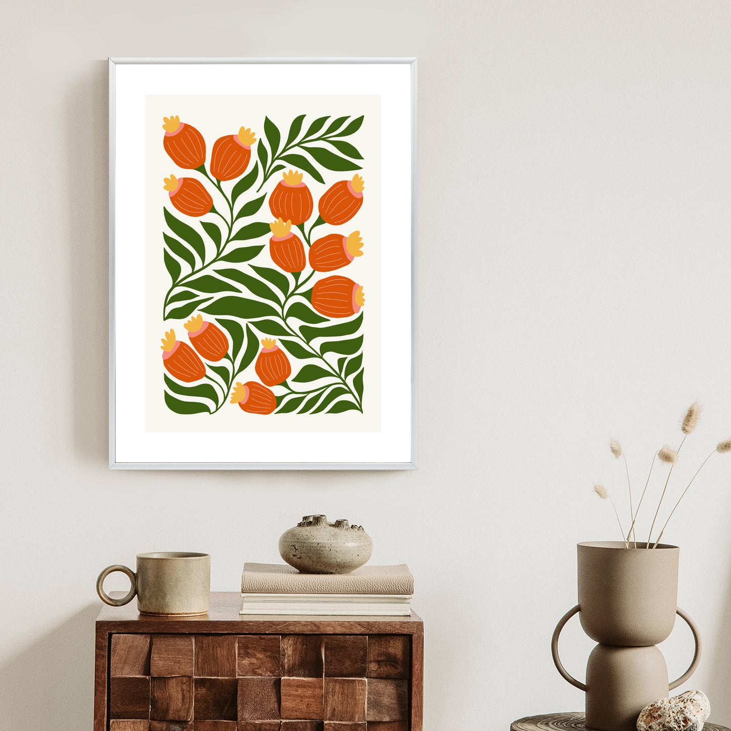 Poster Minimalistische Rote Blumen Und Grüne Blätter
