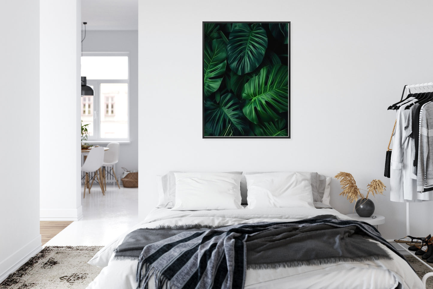 Poster Botanisches Muster Aus Dunkelgrünen Monstera-Blättern Rahmen Holz Mit Passepartout Farbe Natürlich