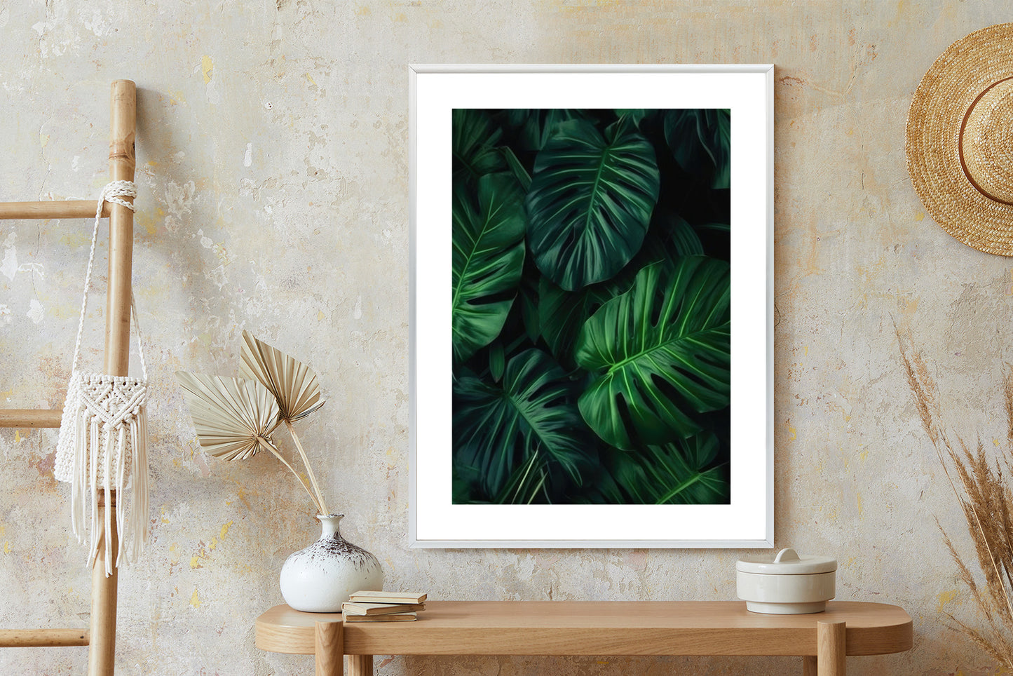 Poster Botanisches Muster Aus Dunkelgrünen Monstera-Blättern Rahmen Holz Mit Passepartout Farbe Natürlich