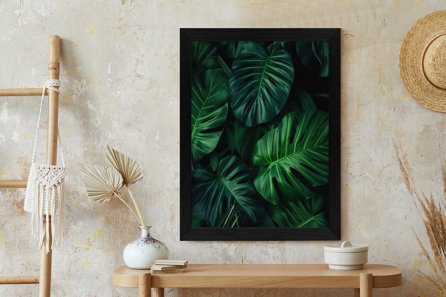 Poster Botanisches Muster Aus Dunkelgrünen Monstera-Blättern Rahmen Holz Mit Passepartout Farbe Natürlich