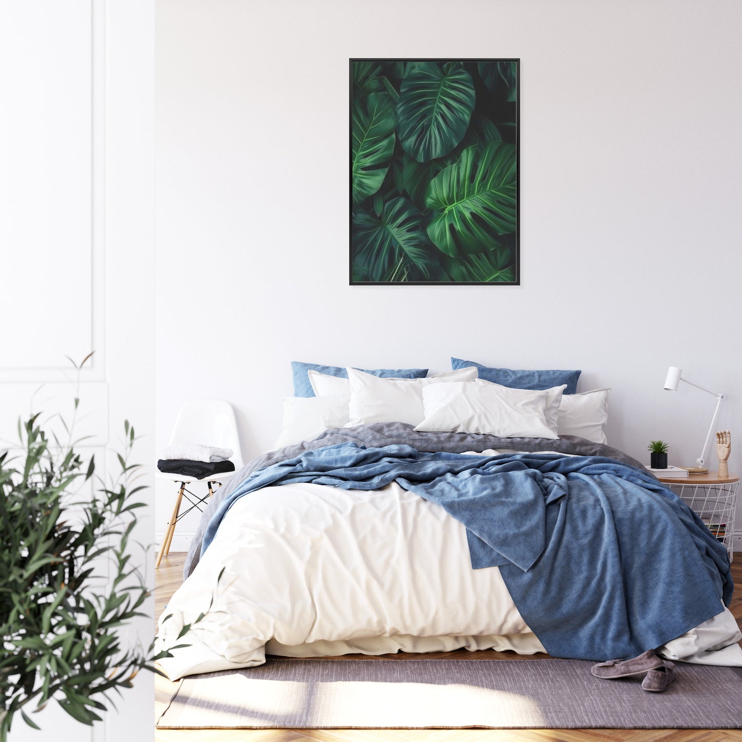 Poster Botanisches Muster Aus Dunkelgrünen Monstera-Blättern Rahmen Holz Mit Passepartout Farbe Natürlich
