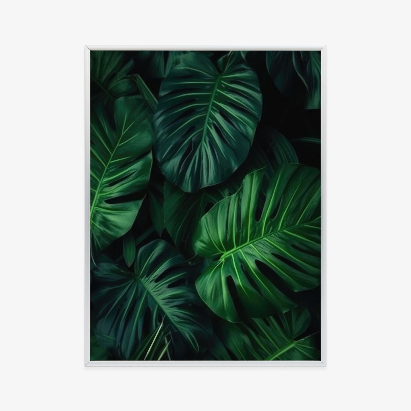 Poster Botanisches Muster Aus Dunkelgrünen Monstera-Blättern Rahmen Holz Mit Passepartout Farbe Natürlich
