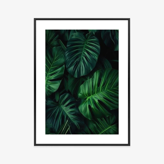 Poster Botanisches Muster Aus Dunkelgrünen Monstera-Blättern Rahmen Holz Mit Passepartout Farbe Natürlich