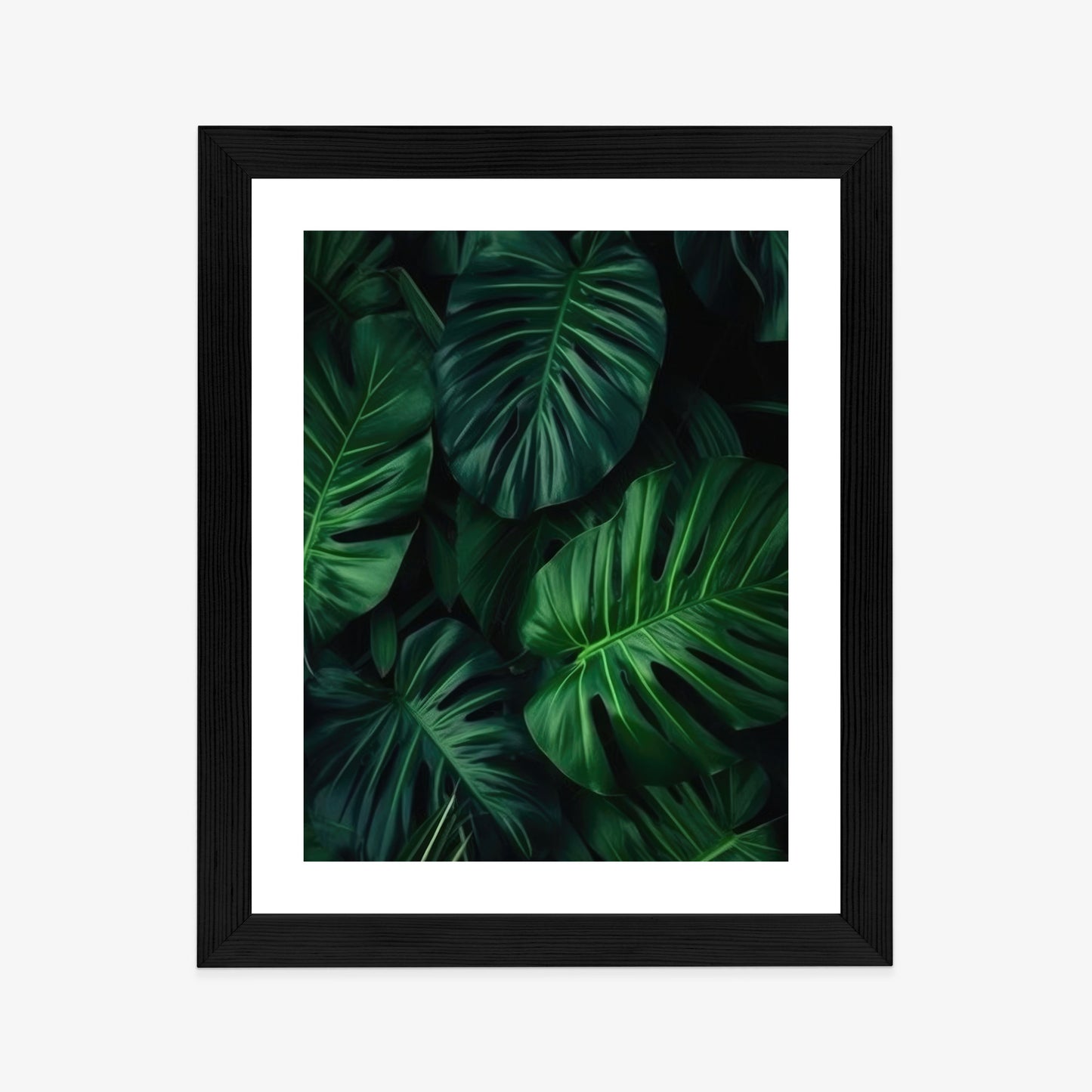 Poster Botanisches Muster Aus Dunkelgrünen Monstera-Blättern Rahmen Holz Mit Passepartout Farbe Natürlich