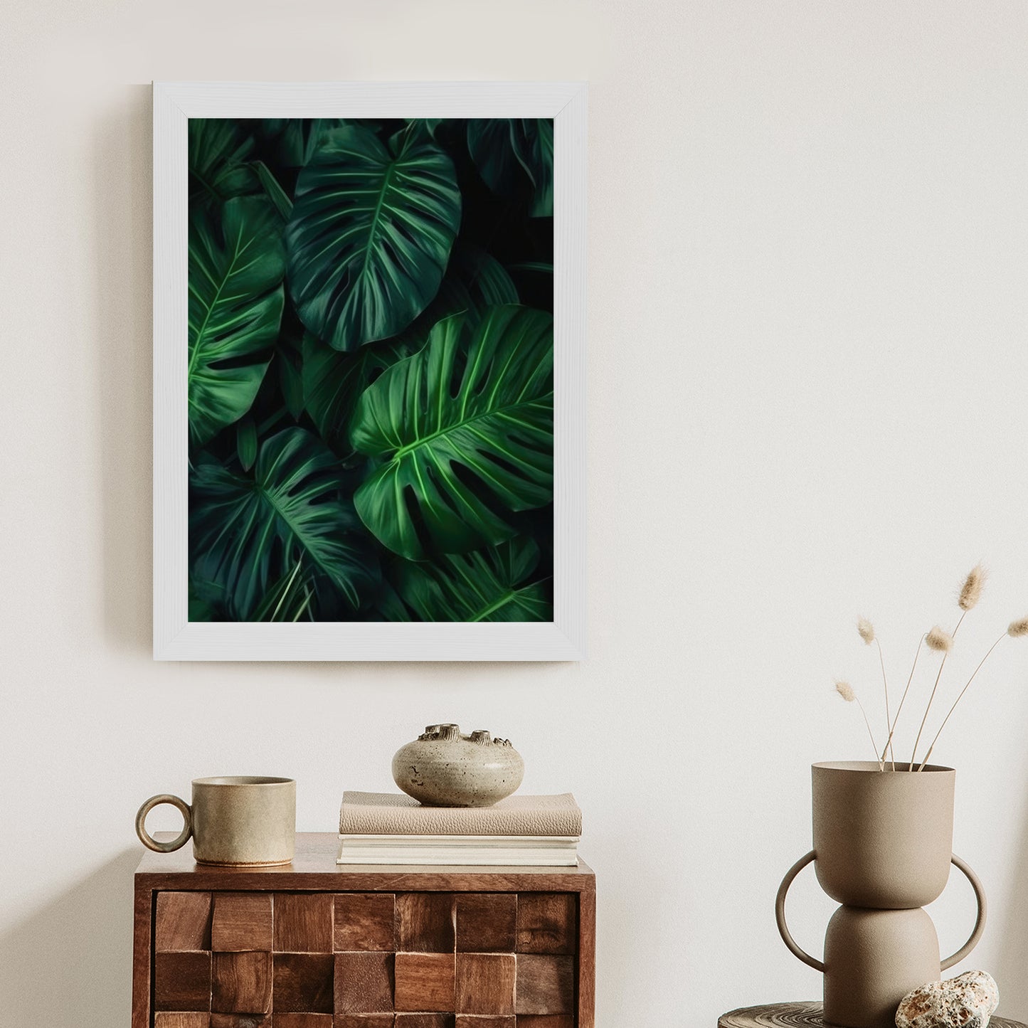 Poster Botanisches Muster Aus Dunkelgrünen Monstera-Blättern Rahmen Holz Mit Passepartout Farbe Natürlich