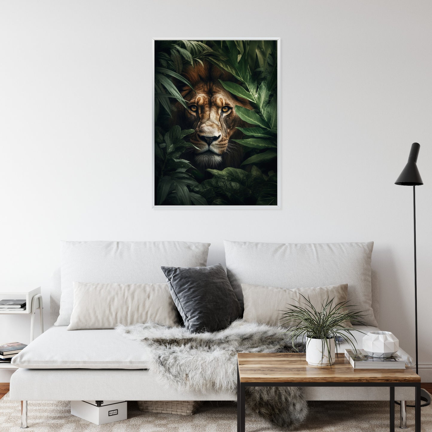 Poster Porträt Eines Löwen Inmitten Tropischer Blätter Rahmen Hölzern Farbe Natürlich