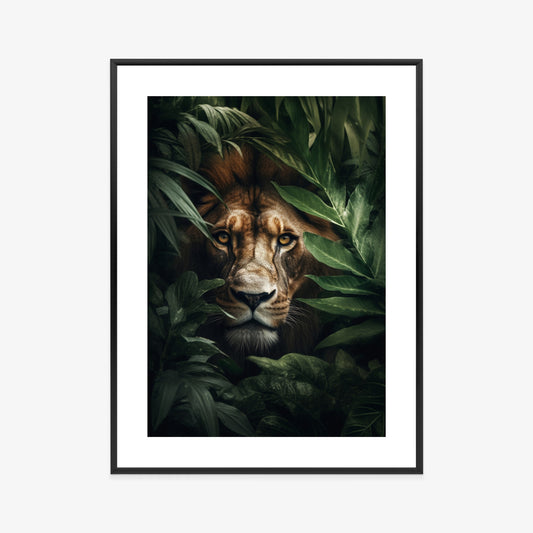 Poster Porträt Eines Löwen Inmitten Tropischer Blätter Rahmen Hölzern Farbe Natürlich
