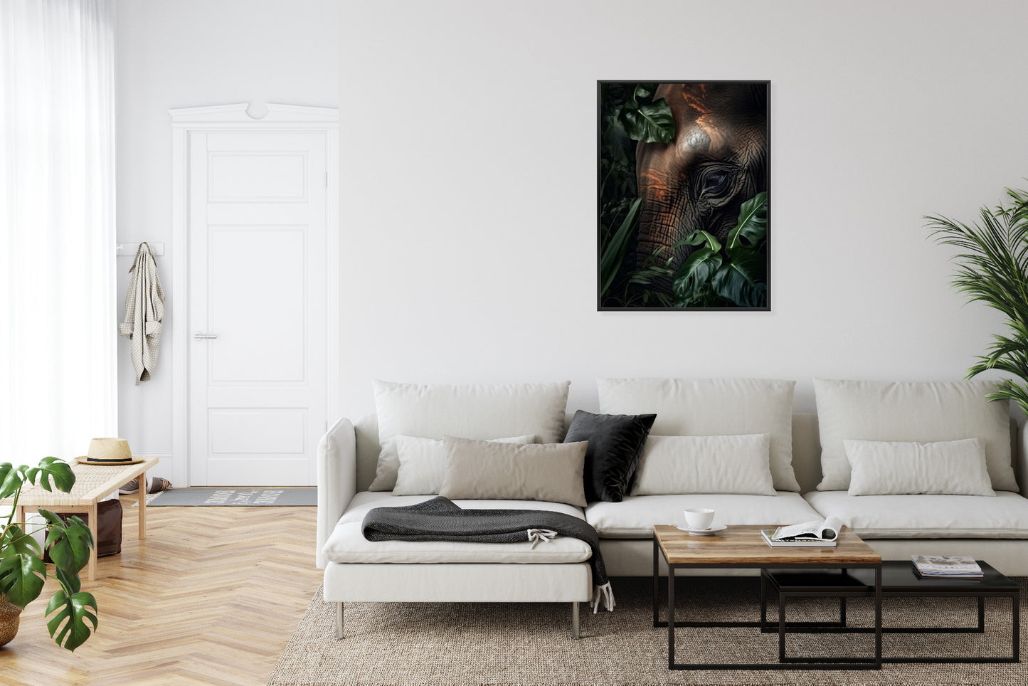 Poster Porträt Eines Elefanten Zwischen Tropischen Bäumen