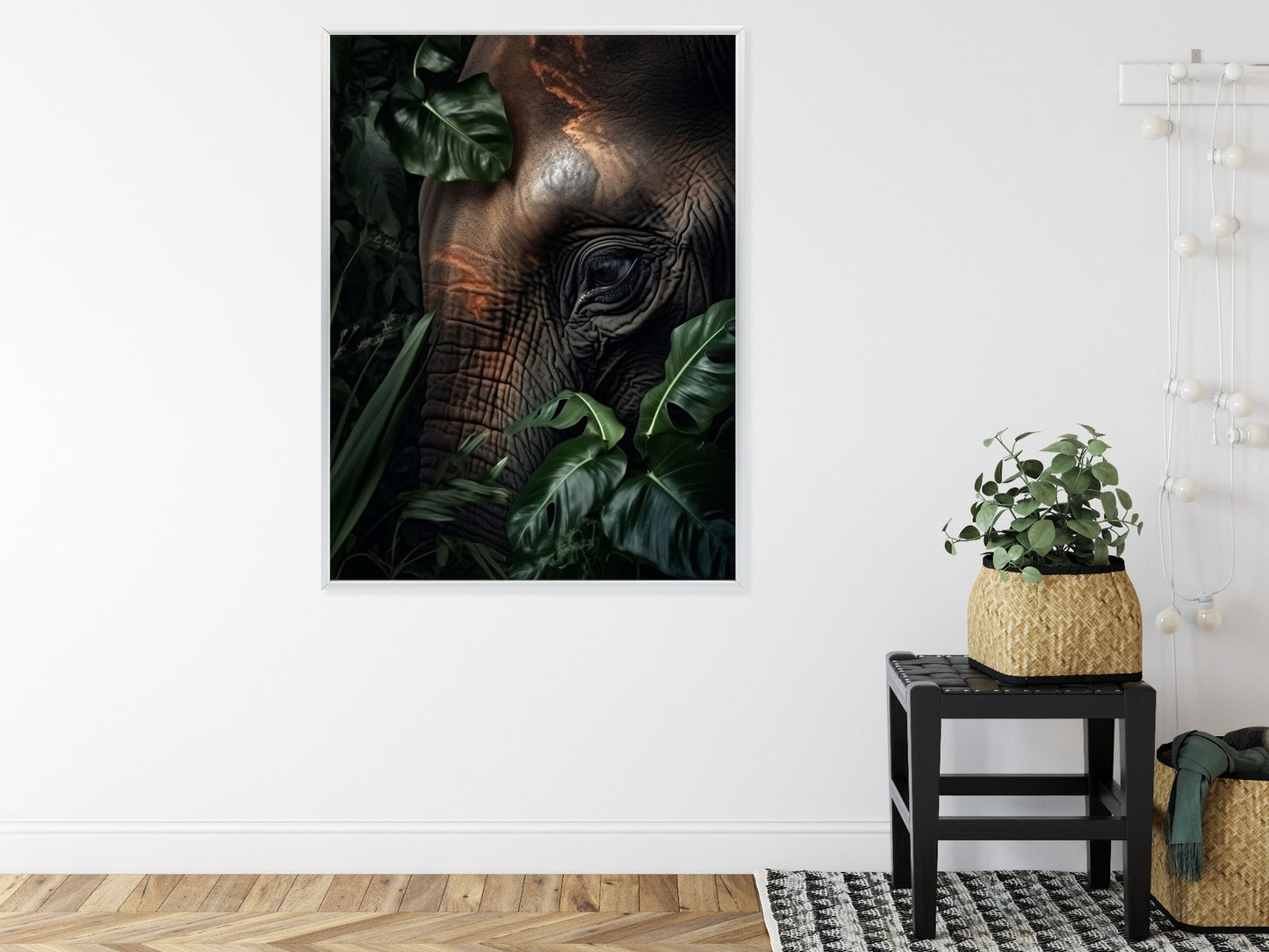 Poster Porträt Eines Elefanten Zwischen Tropischen Bäumen