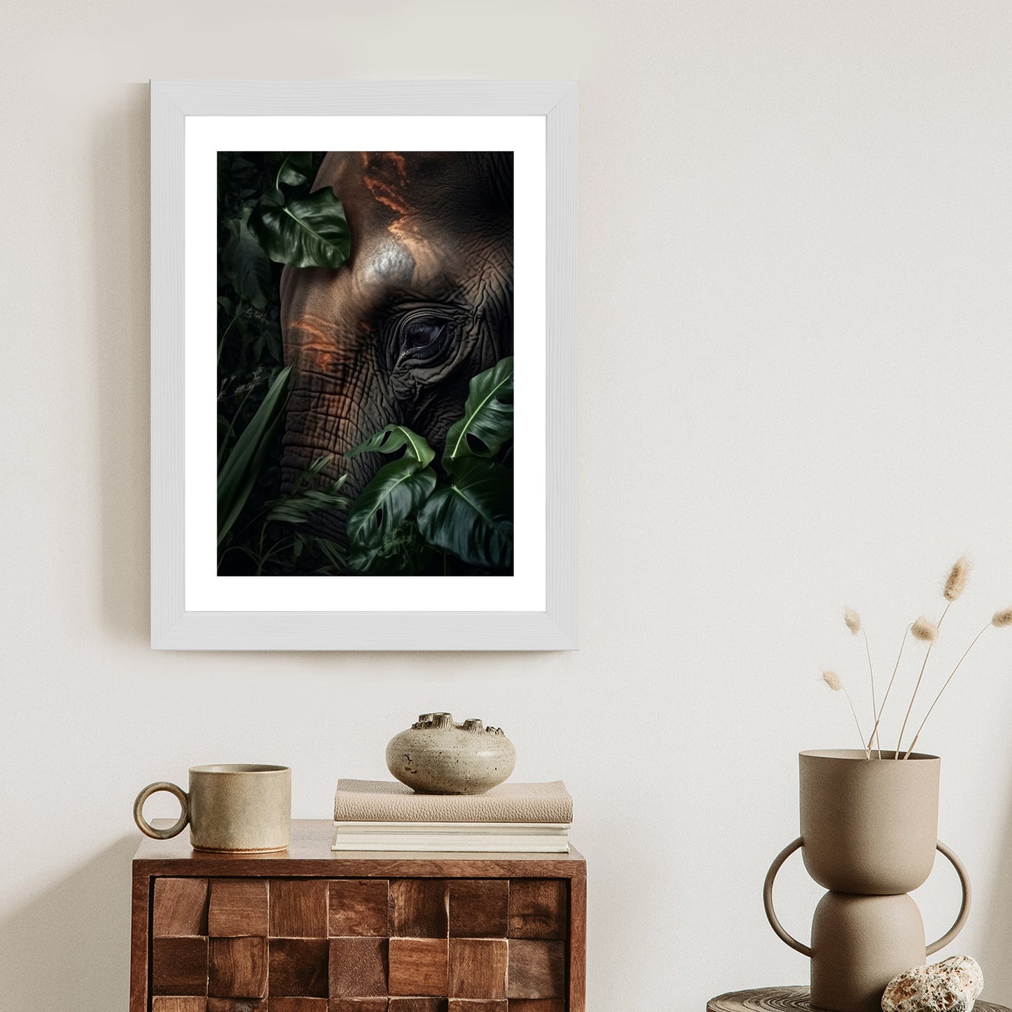 Poster Porträt Eines Elefanten Zwischen Tropischen Bäumen