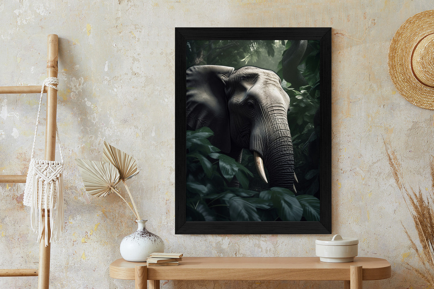 Poster Üppige Dschungelvegetation Und Ein Elefant Rahmen Holz Mit Passepartout Farbe Natürlich
