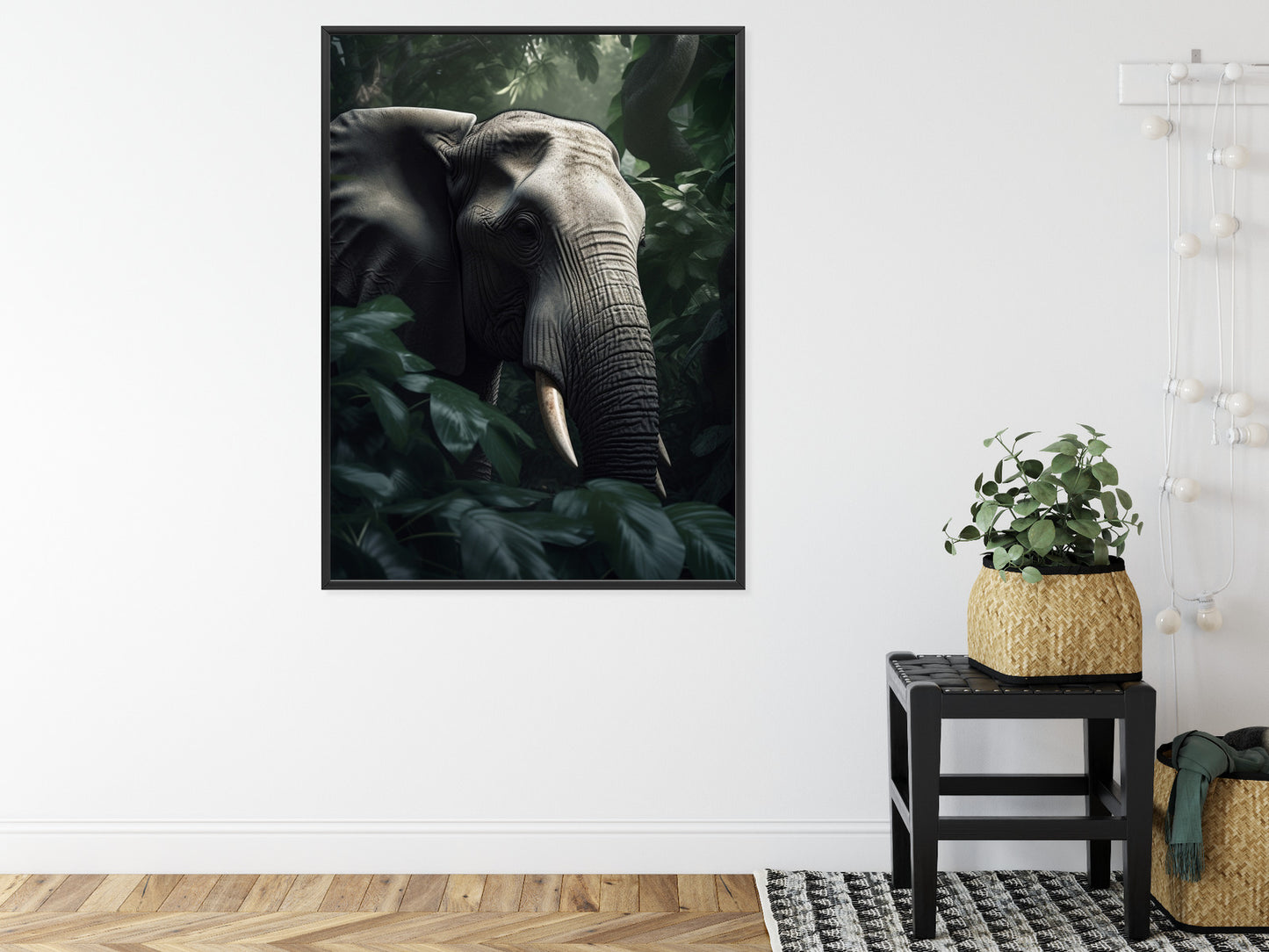 Poster Üppige Dschungelvegetation Und Ein Elefant Rahmen Holz Mit Passepartout Farbe Natürlich
