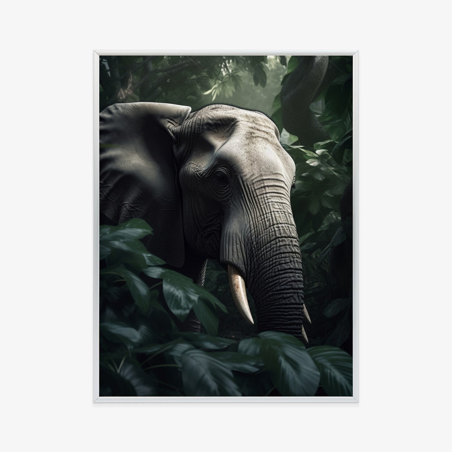 Poster Üppige Dschungelvegetation Und Ein Elefant Rahmen Holz Mit Passepartout Farbe Natürlich