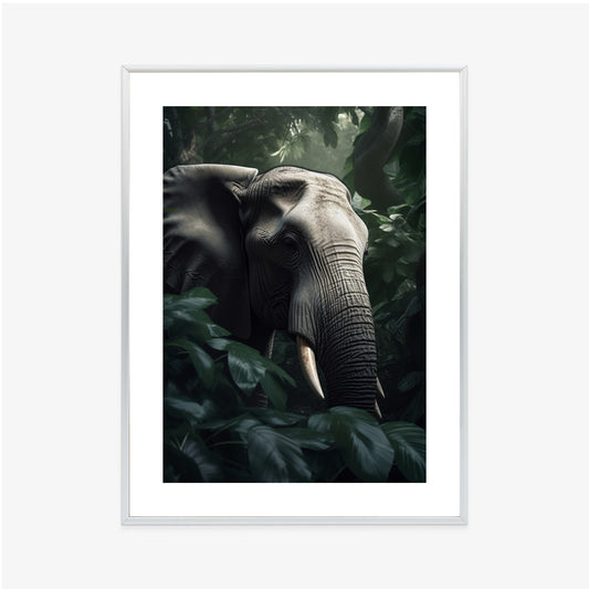 Poster Üppige Dschungelvegetation Und Ein Elefant Rahmen Holz Mit Passepartout Farbe Natürlich