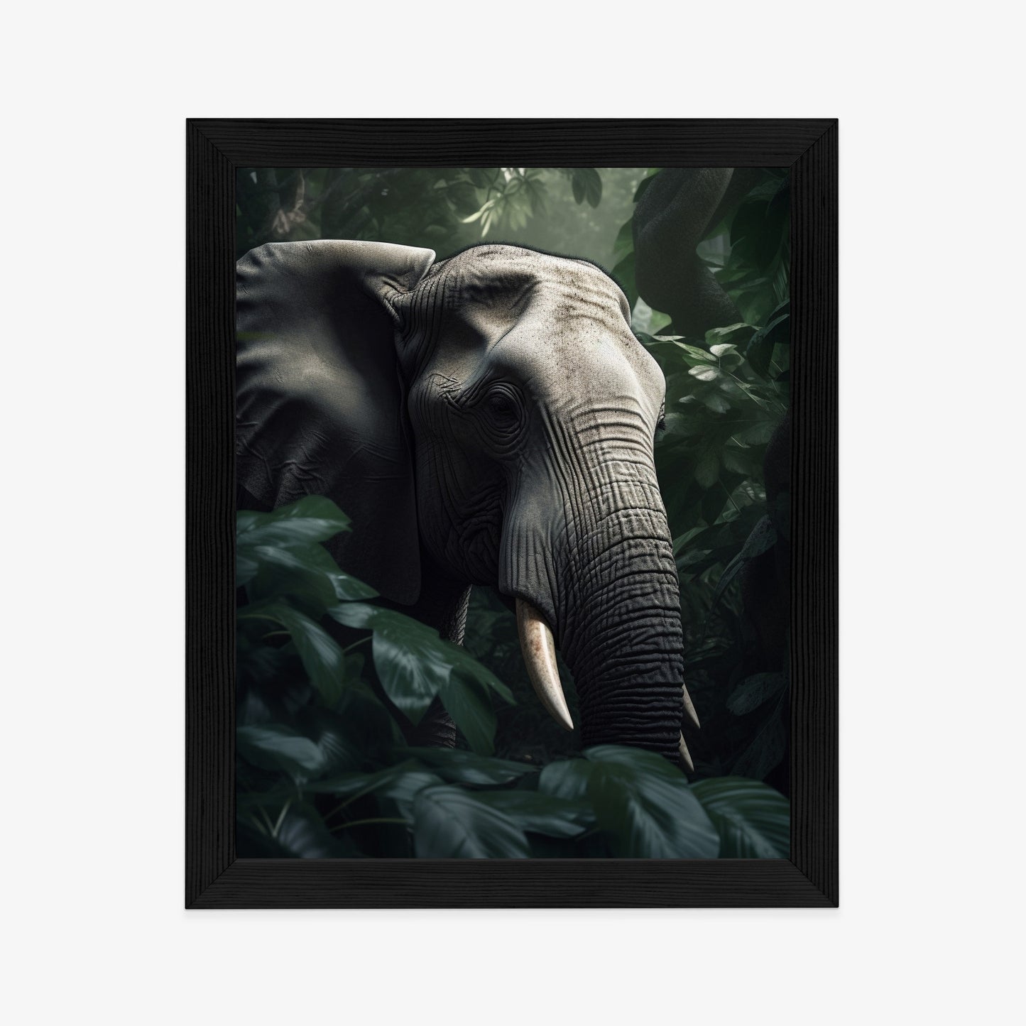 Poster Üppige Dschungelvegetation Und Ein Elefant Rahmen Holz Mit Passepartout Farbe Natürlich