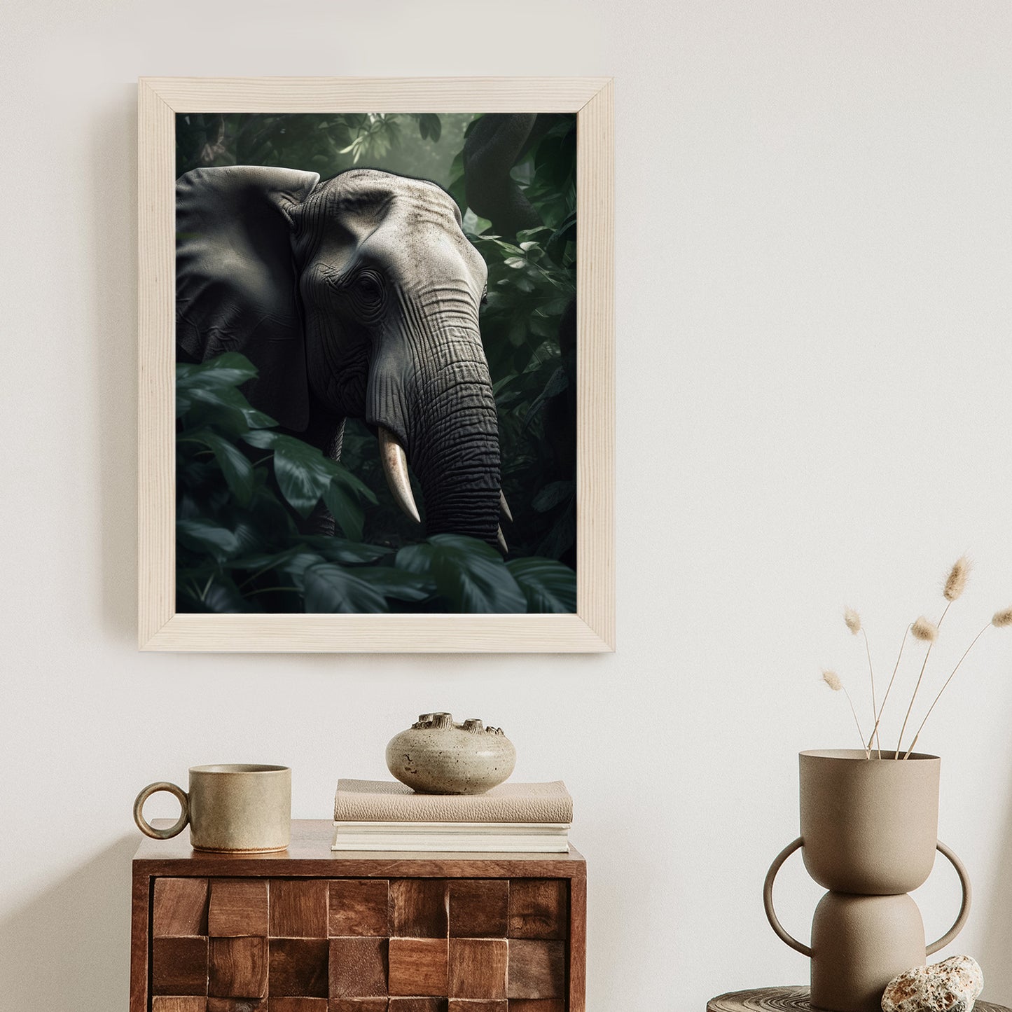 Poster Üppige Dschungelvegetation Und Ein Elefant Rahmen Holz Mit Passepartout Farbe Natürlich