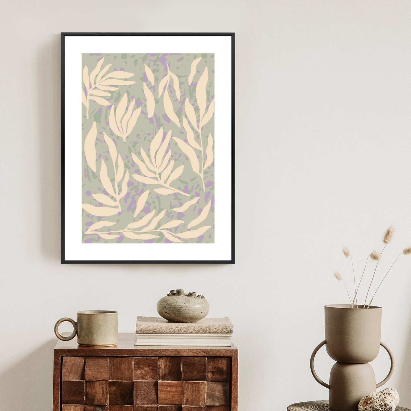 Poster Botanisches Muster Mit Beigen Zweigen Rahmen Holz Mit Passepartout Farbe Natürlich