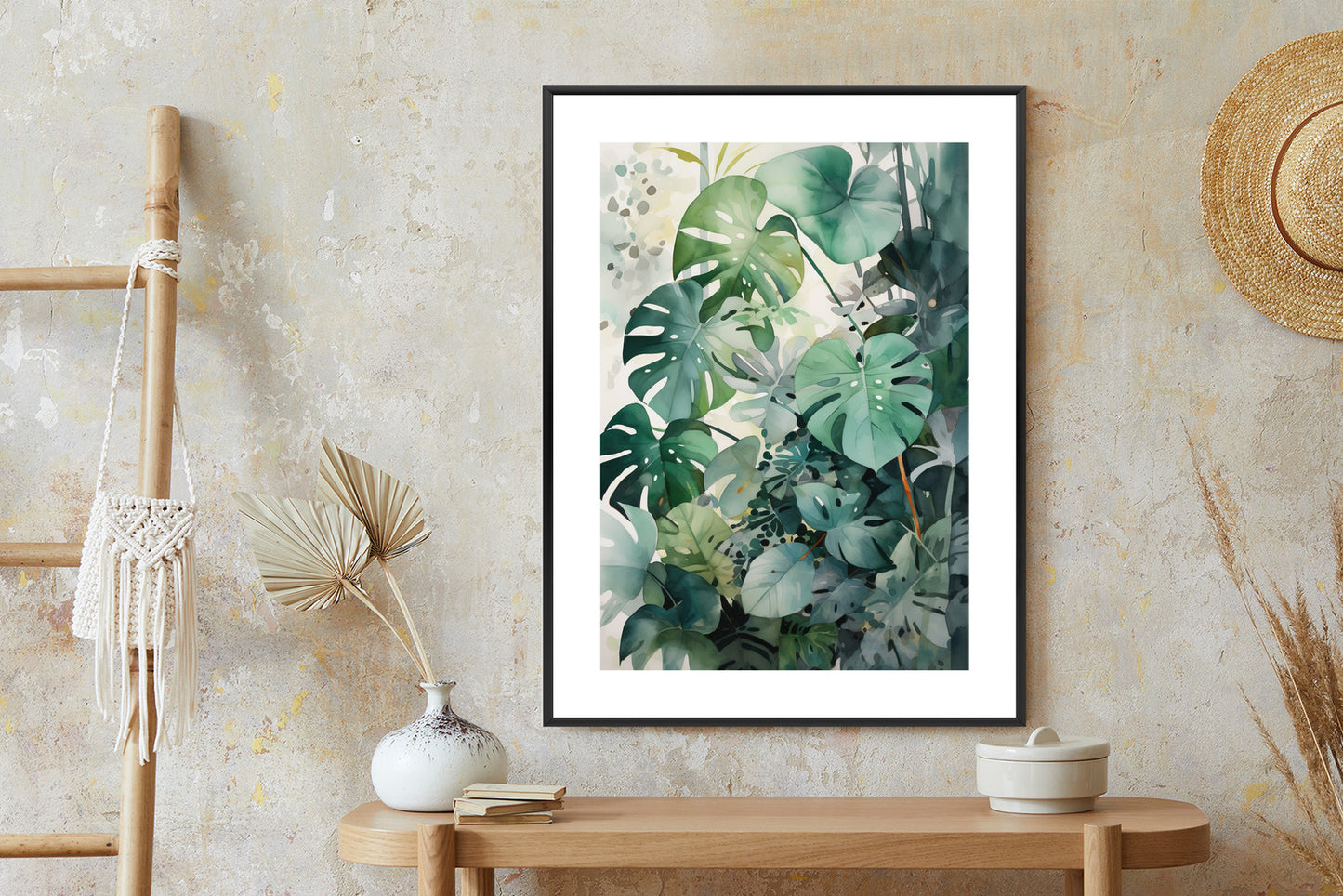 Poster Botanischer Grüner Monstera-Hintergrund Rahmen Holz Mit Passepartout Farbe Natürlich