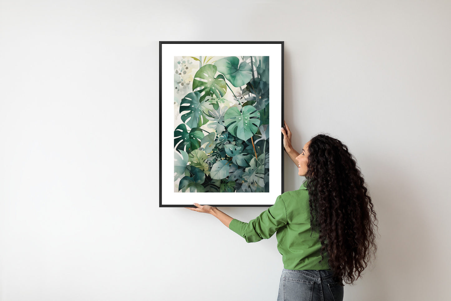 Poster Botanischer Grüner Monstera-Hintergrund Rahmen Holz Mit Passepartout Farbe Natürlich