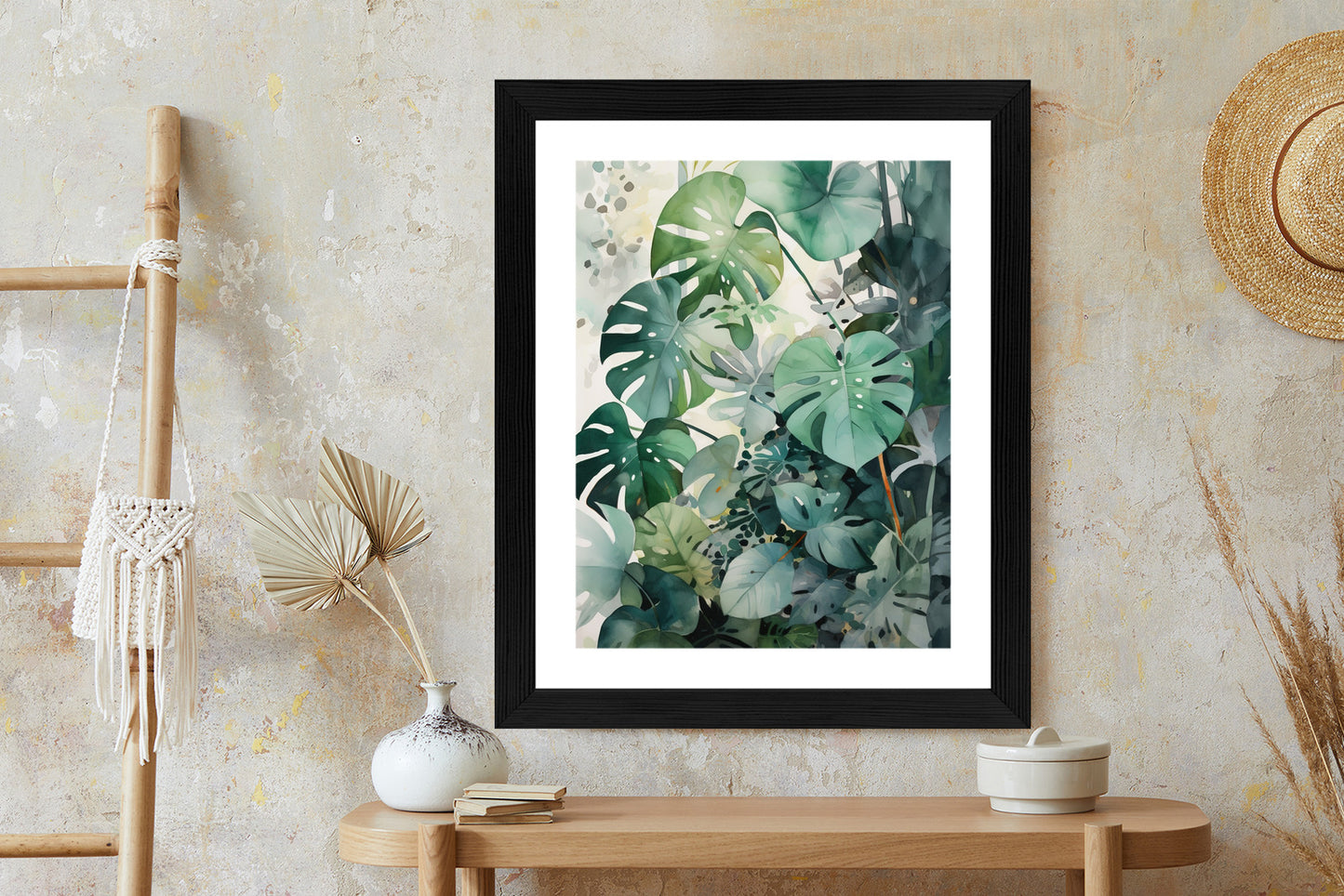 Poster Botanischer Grüner Monstera-Hintergrund Rahmen Holz Mit Passepartout Farbe Natürlich