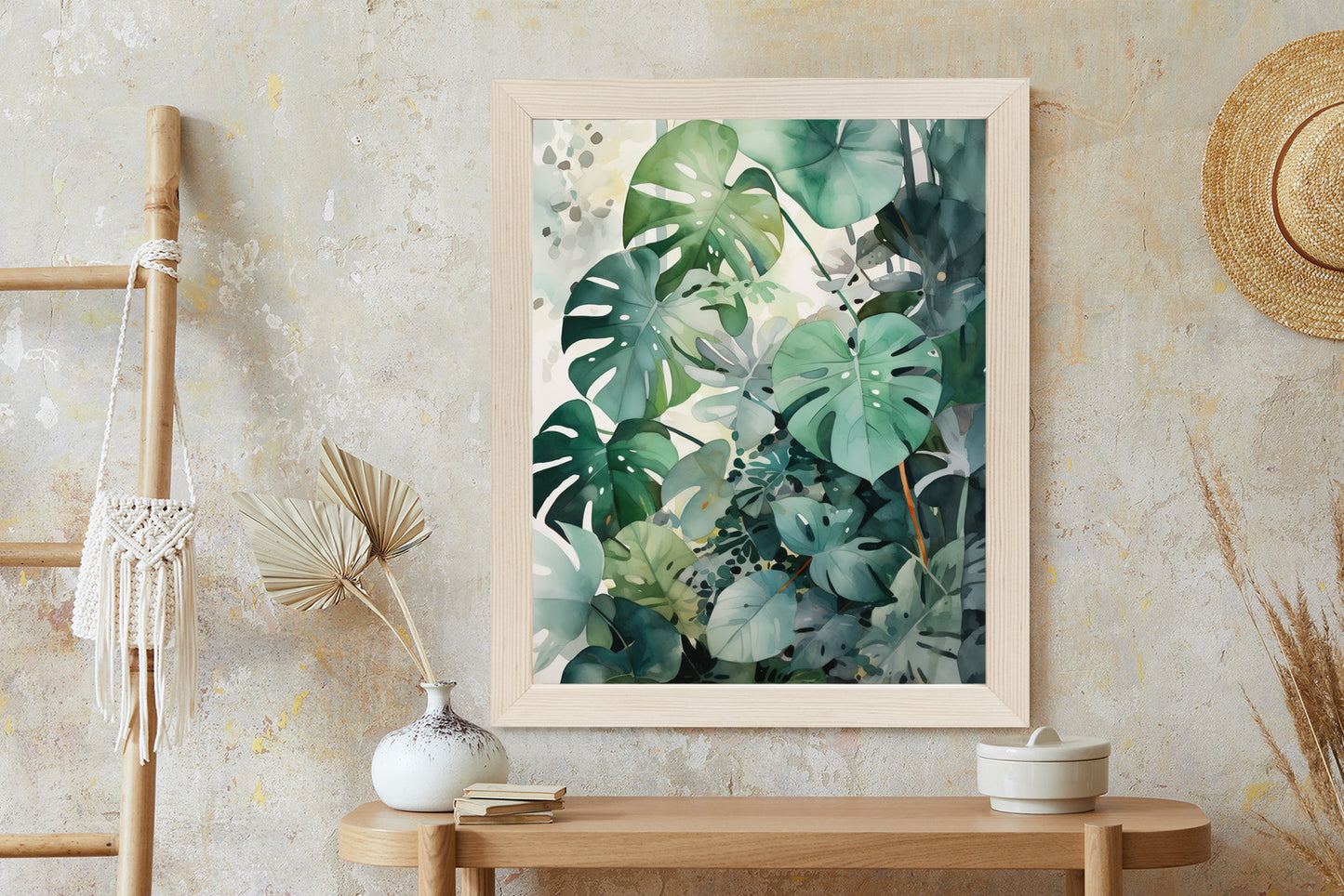 Poster Botanischer Grüner Monstera-Hintergrund Rahmen Holz Mit Passepartout Farbe Natürlich