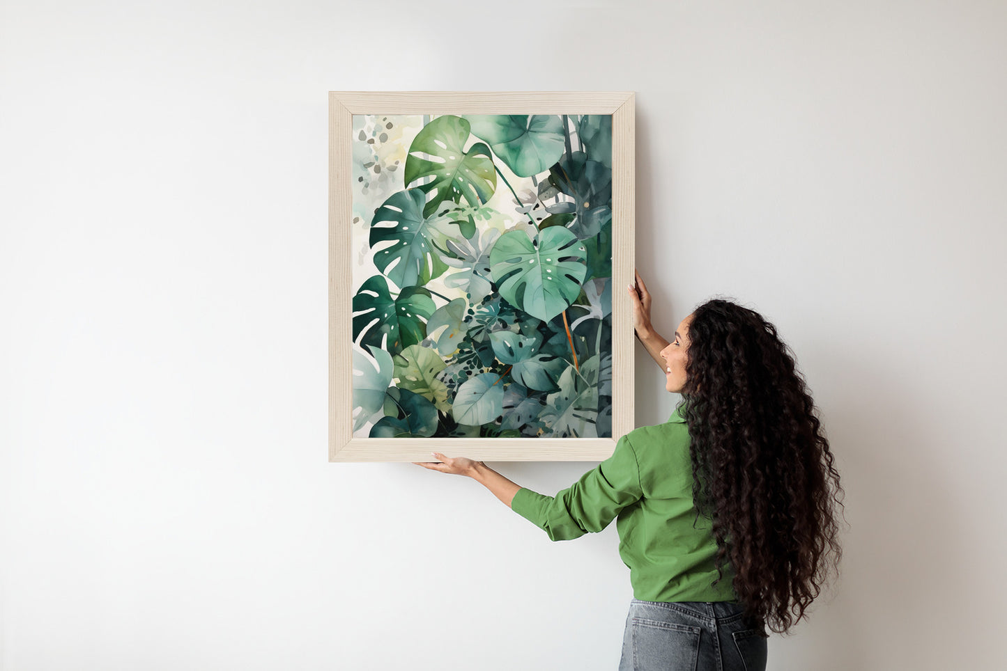Poster Botanischer Grüner Monstera-Hintergrund Rahmen Holz Mit Passepartout Farbe Natürlich