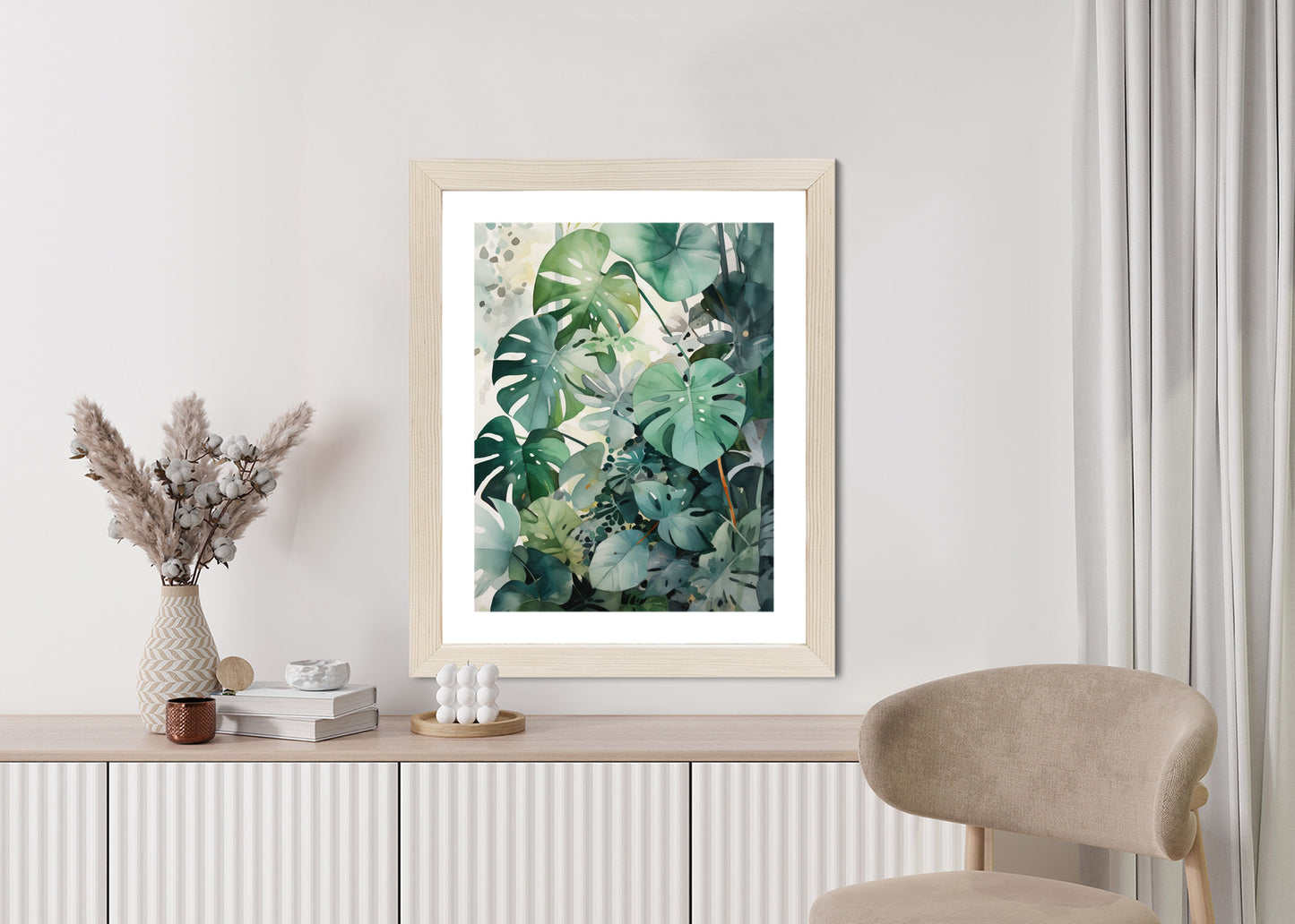 Poster Botanischer Grüner Monstera-Hintergrund Rahmen Holz Mit Passepartout Farbe Natürlich
