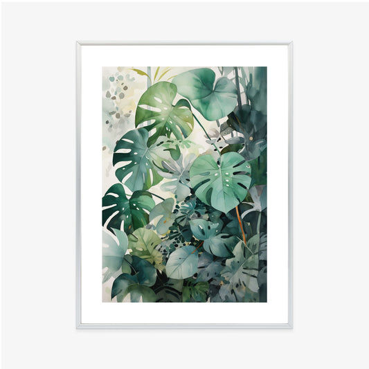 Poster Botanischer Grüner Monstera-Hintergrund Rahmen Holz Mit Passepartout Farbe Natürlich