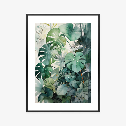 Poster Botanischer Grüner Monstera-Hintergrund Rahmen Holz Mit Passepartout Farbe Natürlich