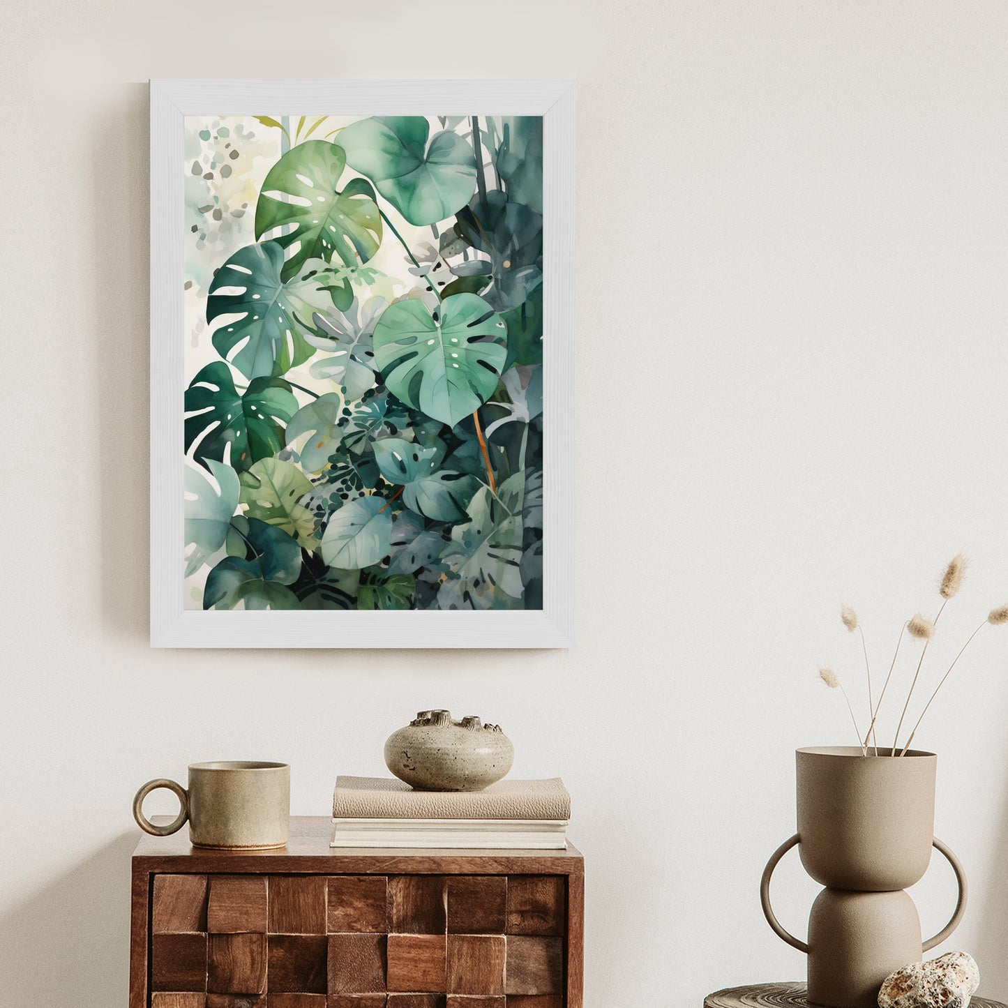 Poster Botanischer Grüner Monstera-Hintergrund Rahmen Holz Mit Passepartout Farbe Natürlich