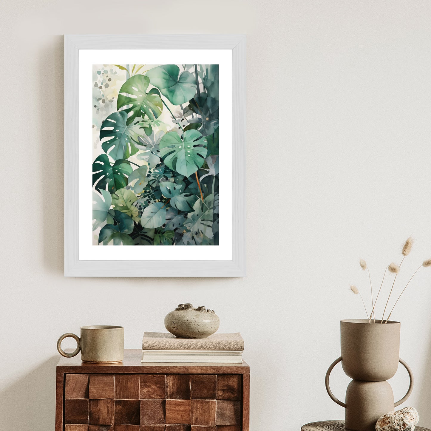 Poster Botanischer Grüner Monstera-Hintergrund Rahmen Holz Mit Passepartout Farbe Natürlich