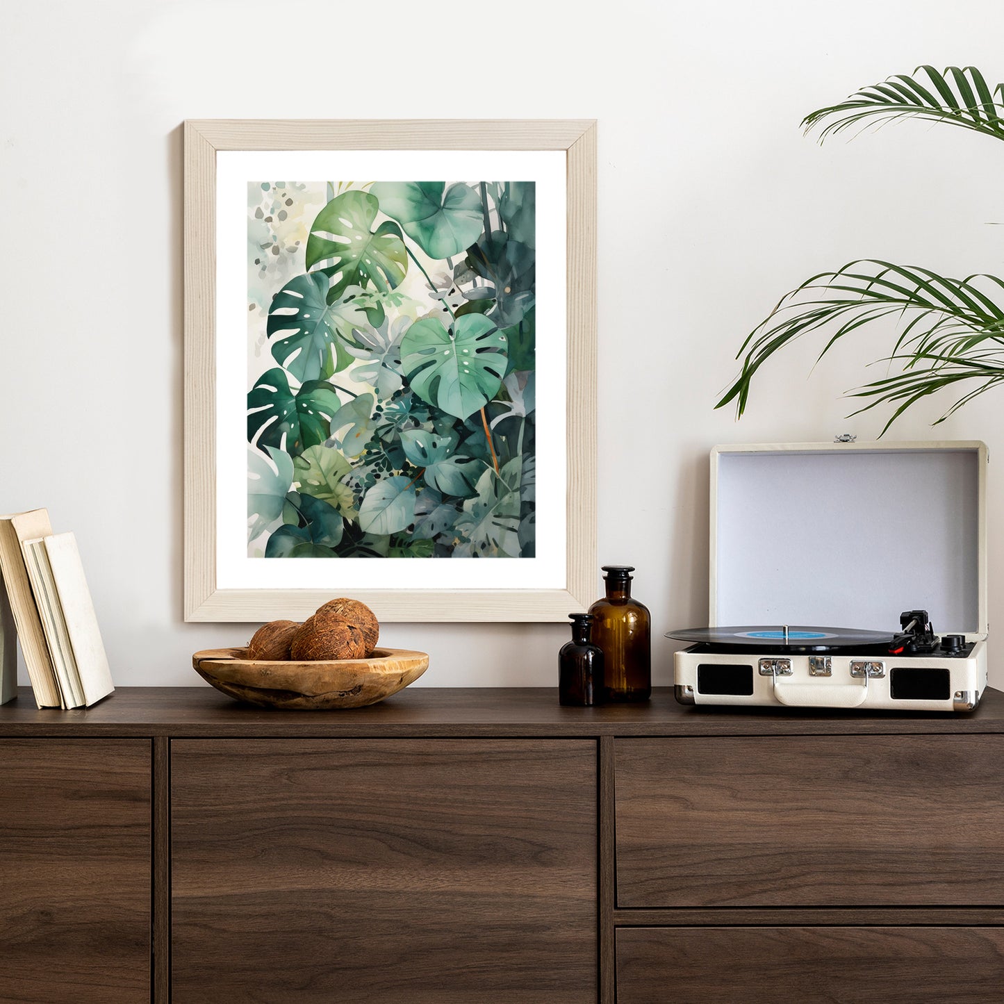 Poster Botanischer Grüner Monstera-Hintergrund Rahmen Holz Mit Passepartout Farbe Natürlich
