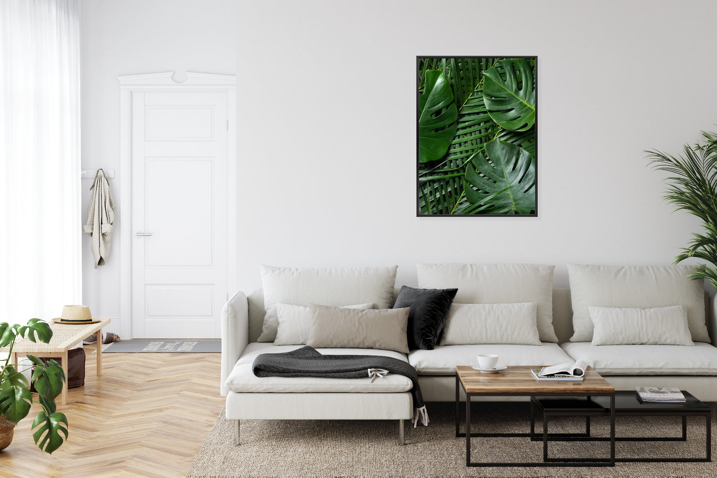 Poster Grüne Monstera Und Palmblätter Rahmen Holz Mit Passepartout Farbe Natürlich
