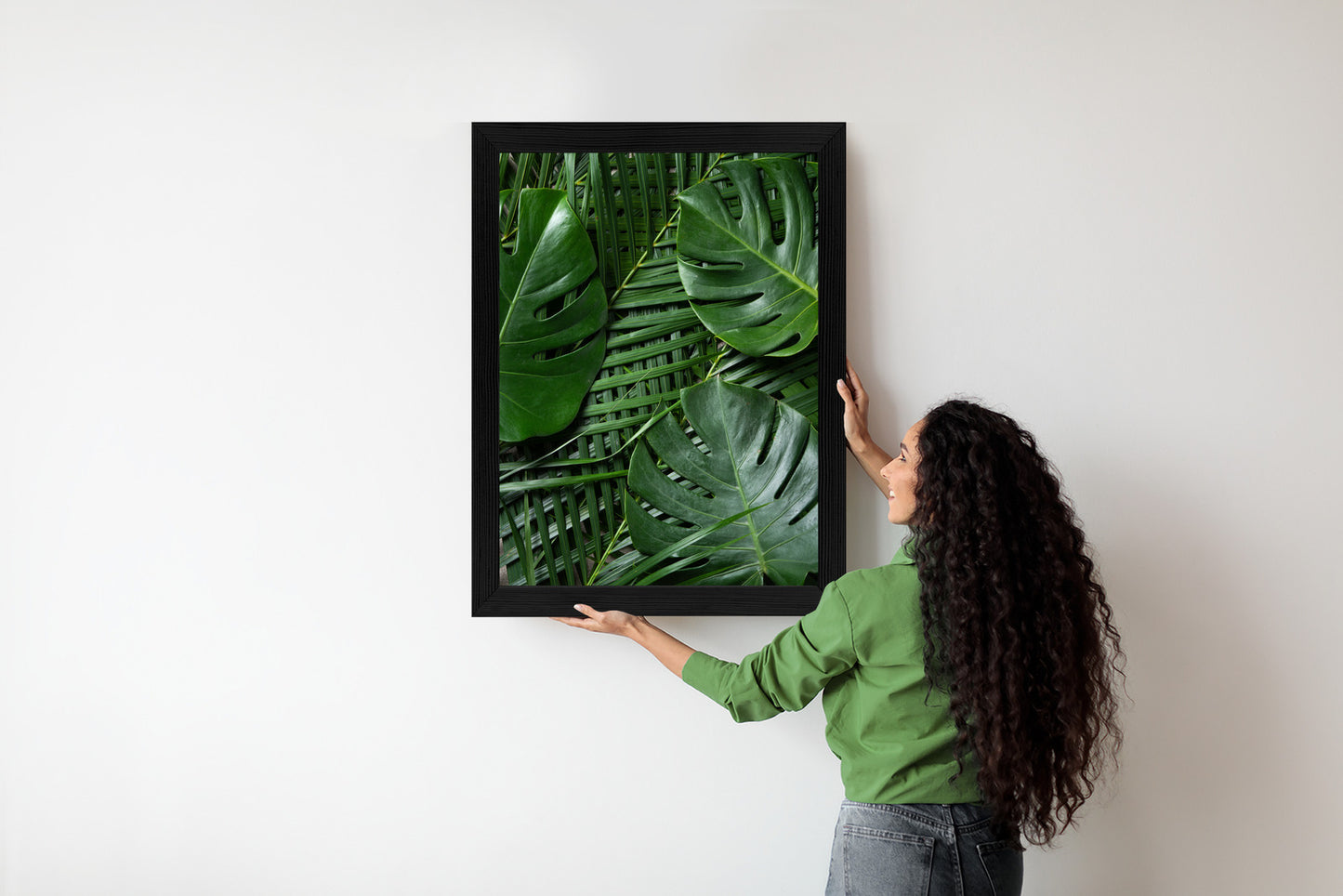 Poster Grüne Monstera Und Palmblätter Rahmen Holz Mit Passepartout Farbe Natürlich