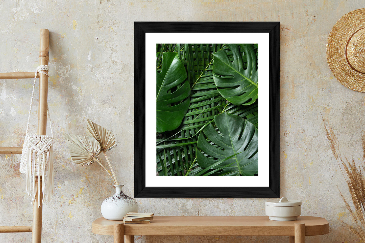 Poster Grüne Monstera Und Palmblätter Rahmen Holz Mit Passepartout Farbe Natürlich