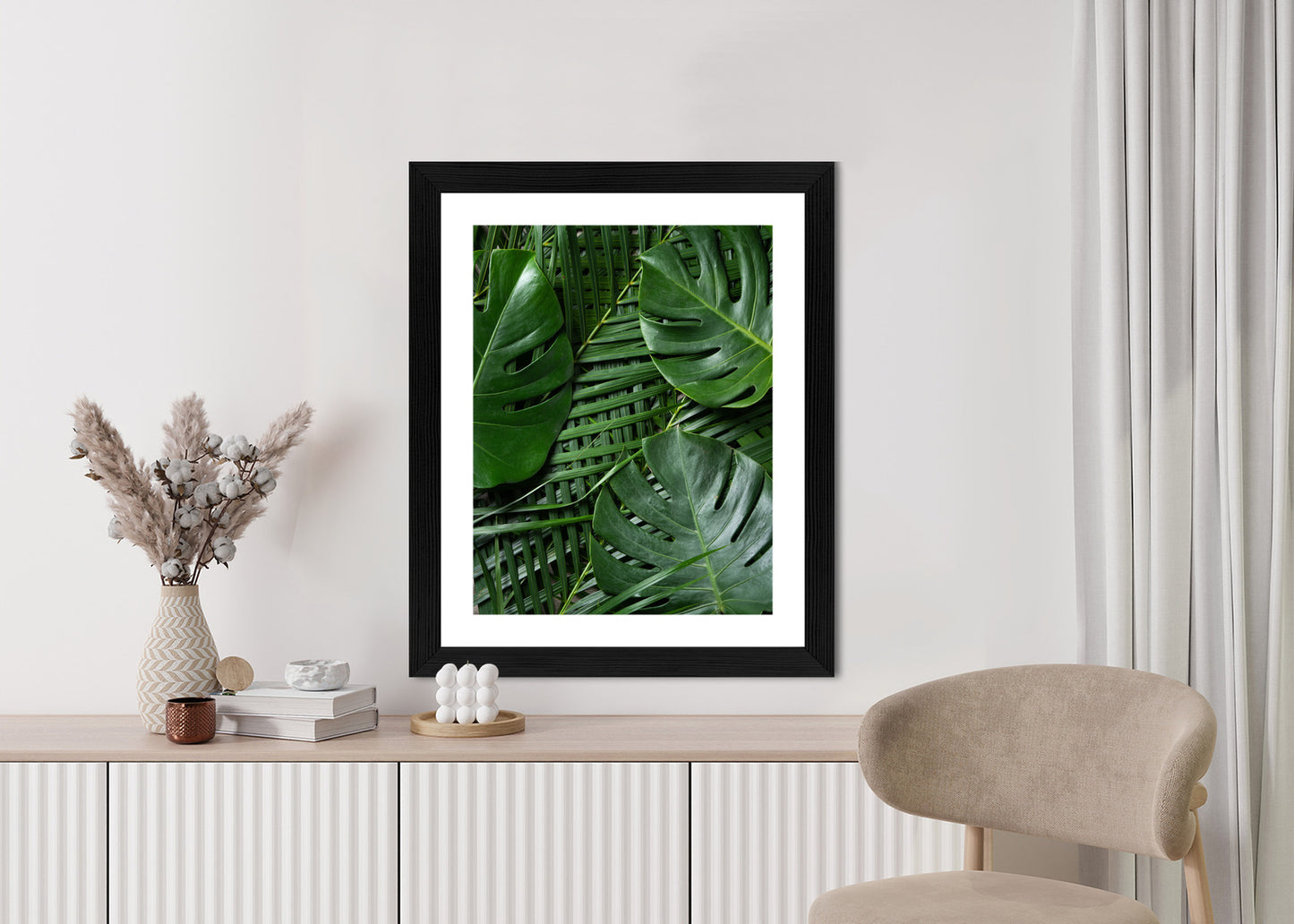 Poster Grüne Monstera Und Palmblätter Rahmen Holz Mit Passepartout Farbe Natürlich