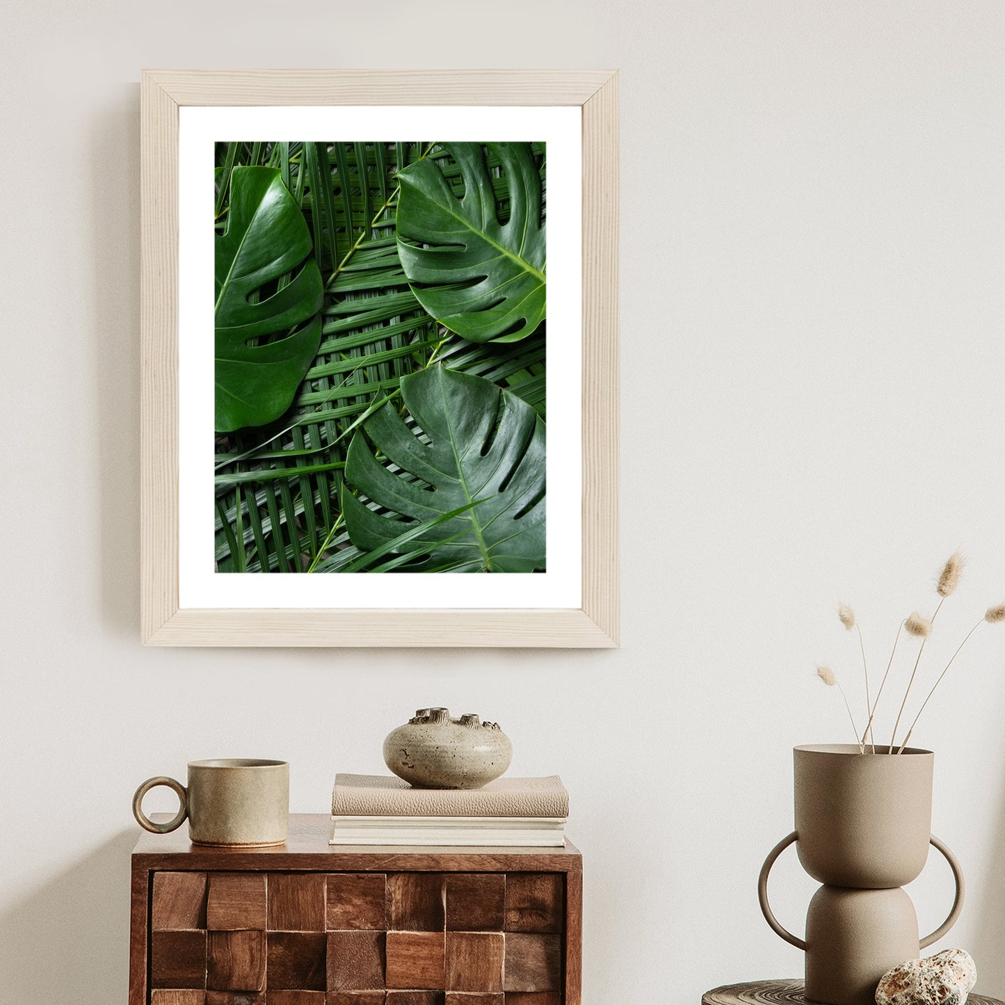 Poster Grüne Monstera Und Palmblätter Rahmen Holz Mit Passepartout Farbe Natürlich
