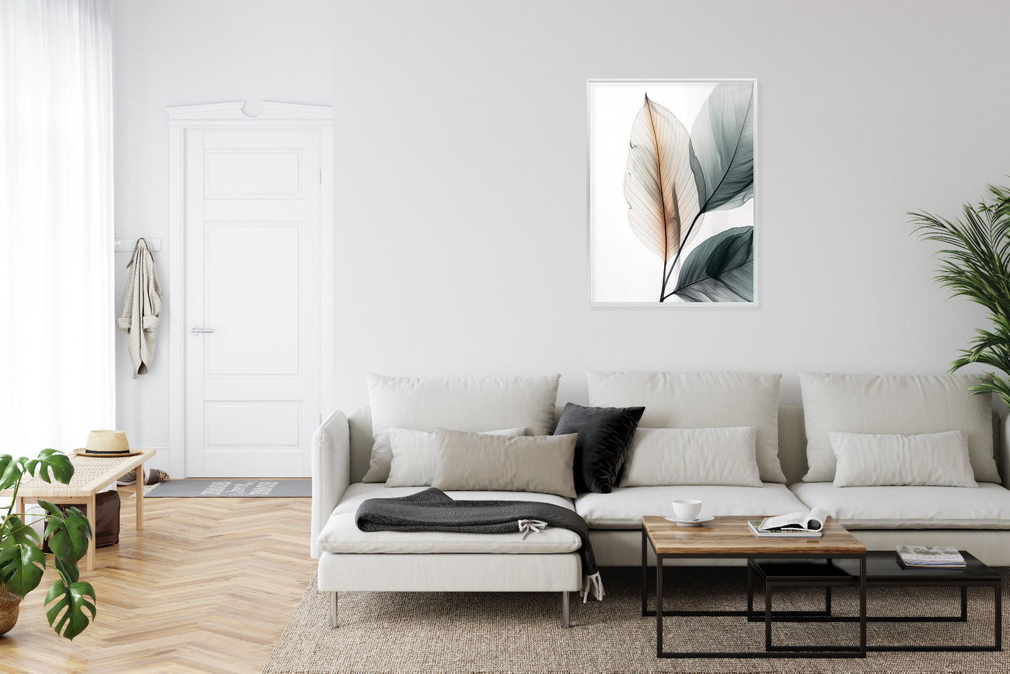 Poster Drei Blätter Auf Weißem Hintergrund Rahmen Holz Mit Passepartout Farbe Natürlich