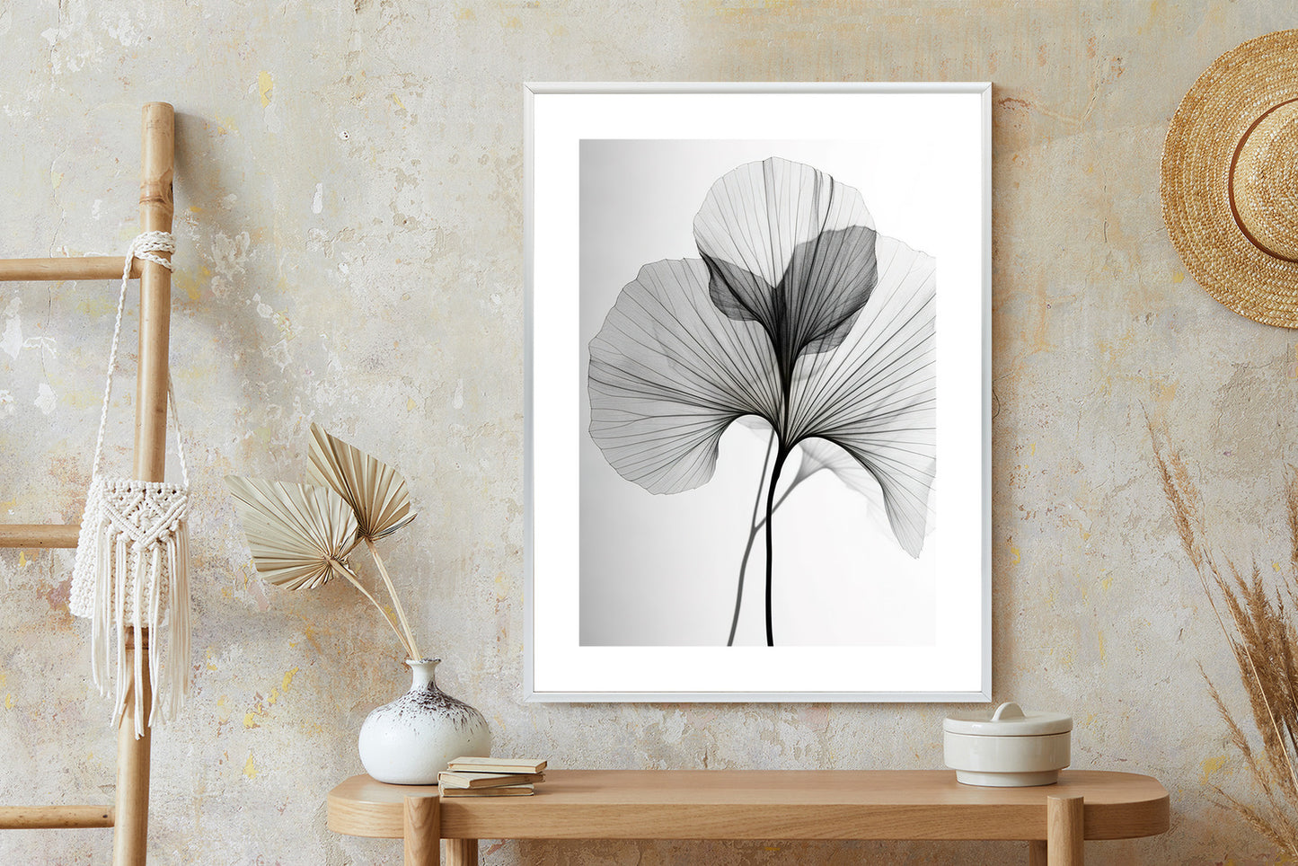 Poster Schwarze Ginkgoblätter Rahmen Hölzern Farbe Natürlich
