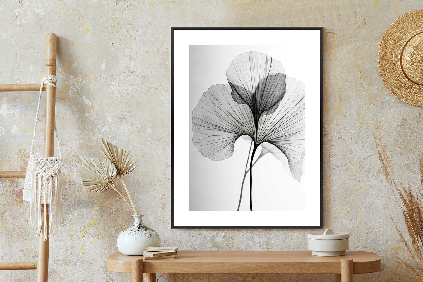Poster Schwarze Ginkgoblätter Rahmen Hölzern Farbe Natürlich
