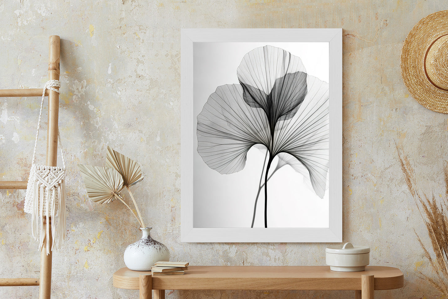 Poster Schwarze Ginkgoblätter Rahmen Hölzern Farbe Natürlich